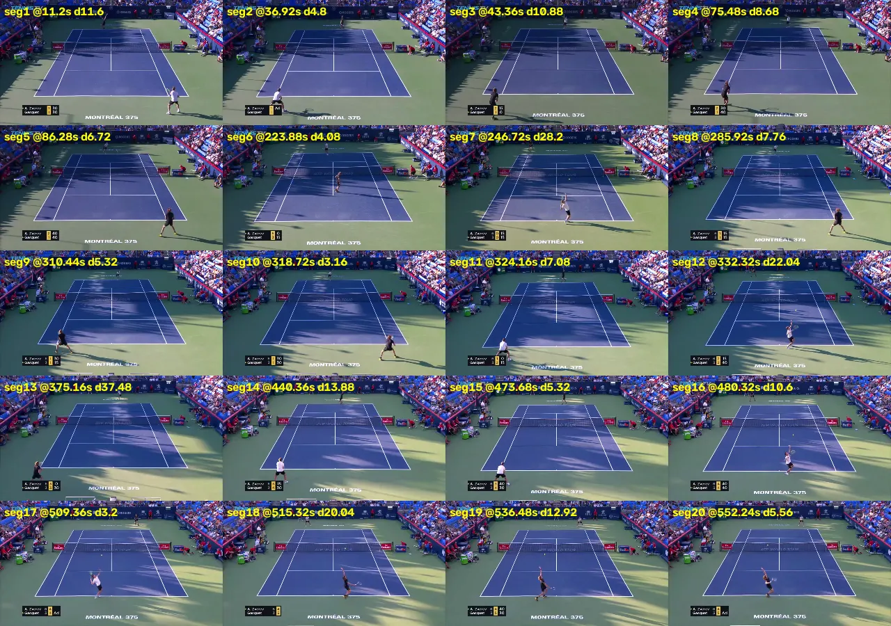 Twenty tiled frames, each the opening of a detected segment, nearly all showing a serve about to happen